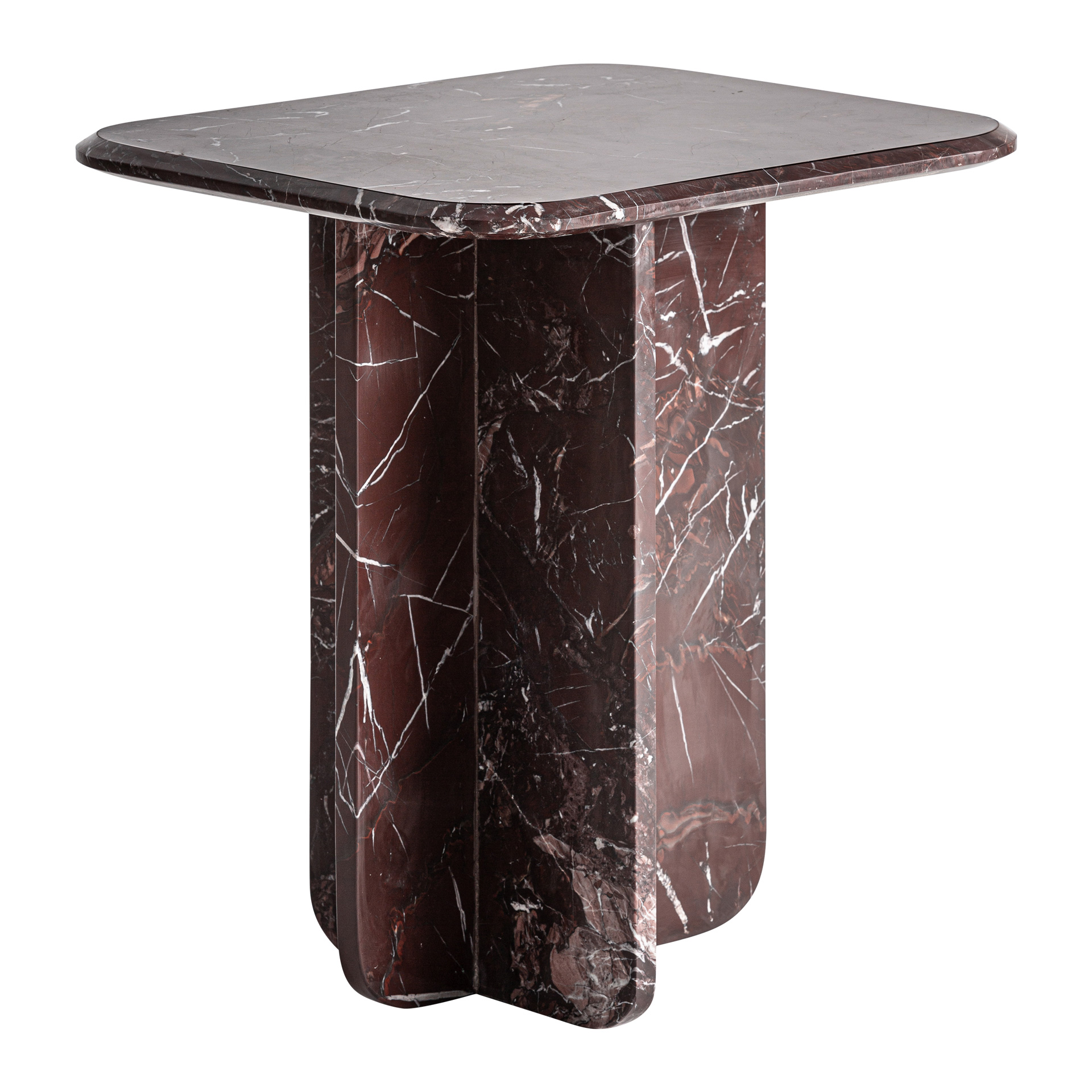 Mesa auxiliar Bourg de estilo contemporáneo fabricado en mármol en color burdeos con acabado brillo.