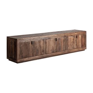Mueble tv Selby de estilo rústico fabricado en madera recuperada en color marrón combinado con hierro en color negro.