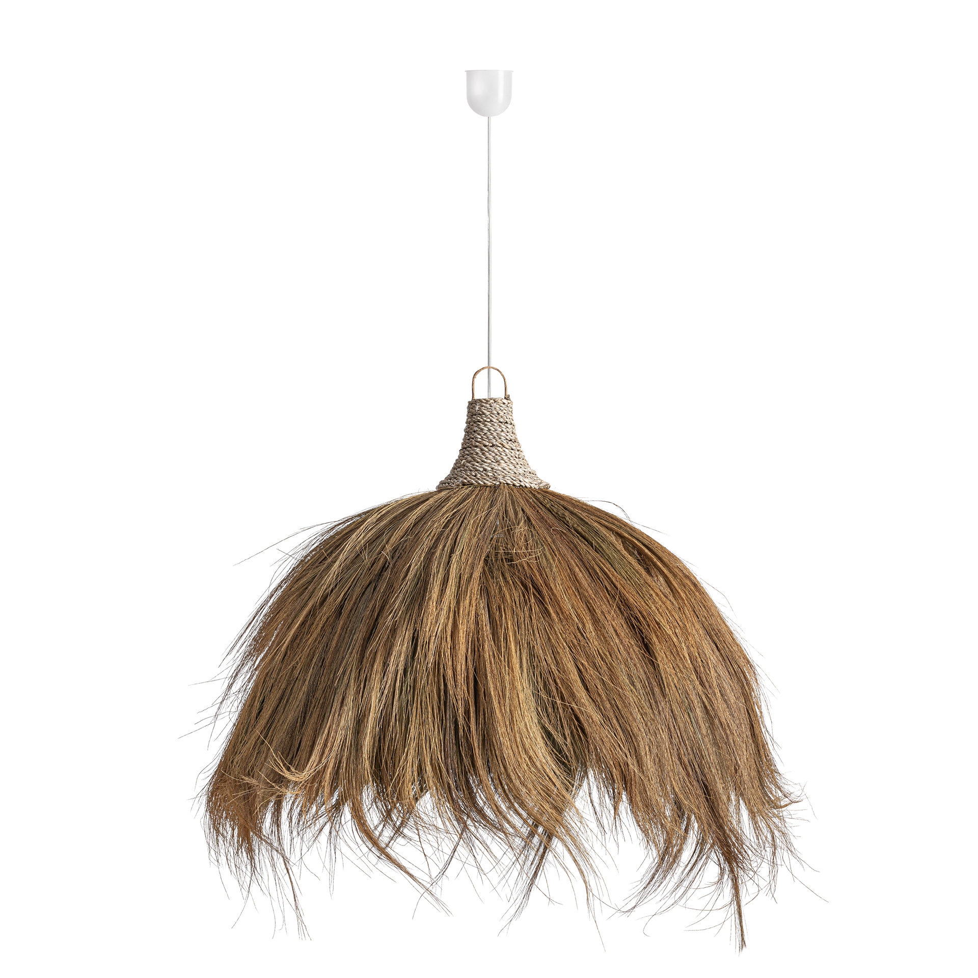 Lámpara de colgar Bayle de estilo boho fabricado en fibra natural en color marrón. Producto plegable.