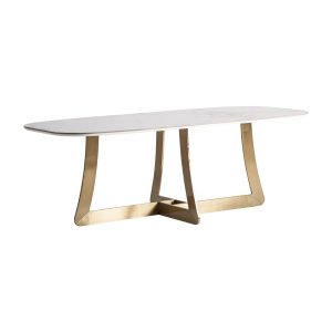 Mesa comedor Jussey de estilo art deco fabricado en porcelánico en color blanco combinado con acero en color oro. Producto desmontable.