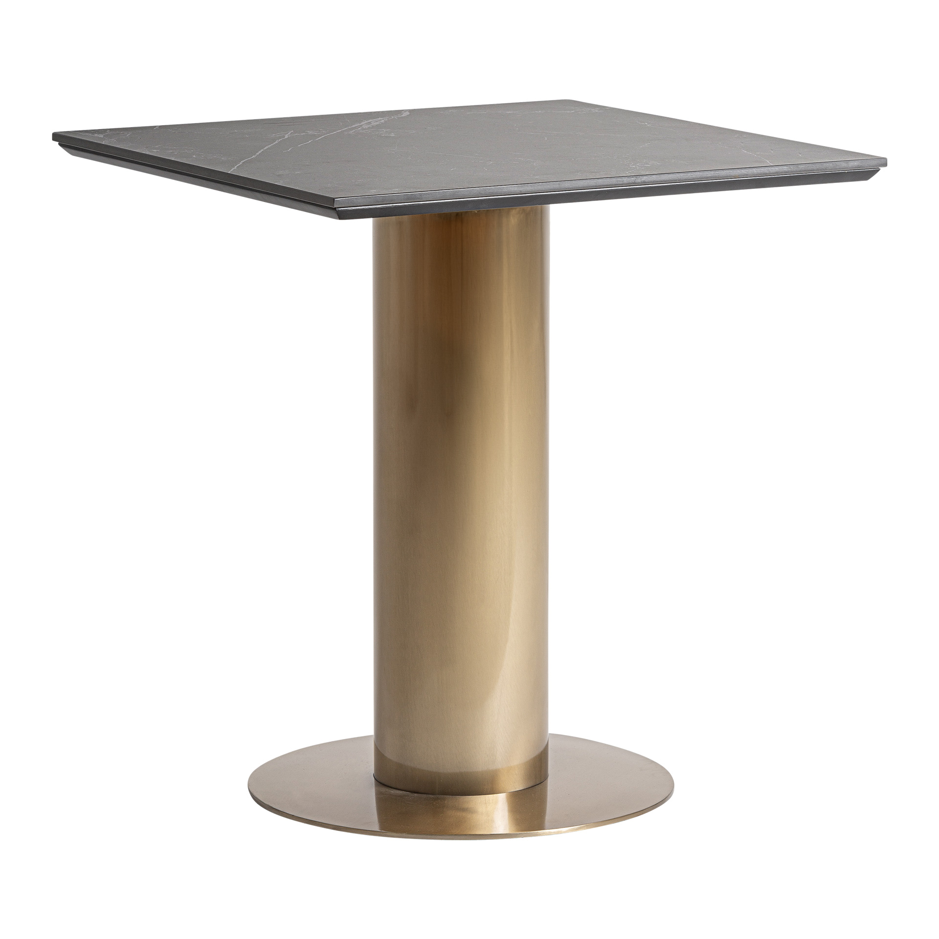 Mesa bar Tasque de estilo art deco fabricado en acero en color oro combinado con porcelánico en color negro.