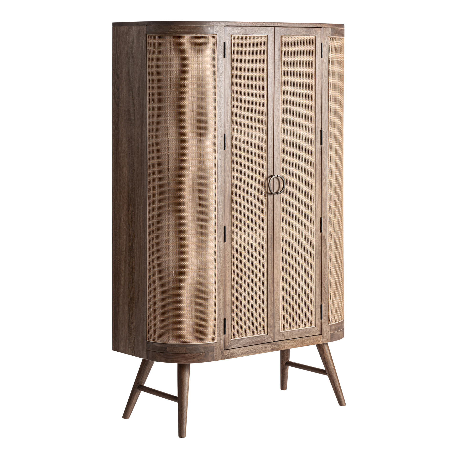 Armario Beckley de estilo nórdico fabricado en madera de mango en color marrón combinado con mimbre en color marrón claro. Producto desmontable.