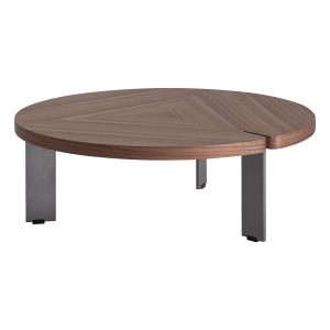 Mesa auxiliar Geneiken de estilo contemporáneo fabricado en chapa de nogal en color marrón combinado con madera dm y acero inoxidable en color gris.