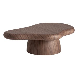 Mesa de centro Geneiken de estilo contemporáneo fabricado en chapa de nogal en color marrón combinado con fibra de vidrio.
