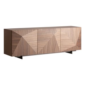 Aparador Geneiken de estilo contemporáneo fabricado en chapa de nogal en color marrón combinado con madera dm y acero inoxidable en color gris. Producto desmontable.