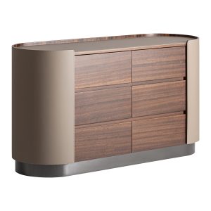 Cómoda Giswil de estilo contemporáneo fabricado en madera contrachapada en color marrón con acabado mate combinado con chapa de eucalipto en color marrón con acabado cepillado y polipiel en color beige con acabado mate.