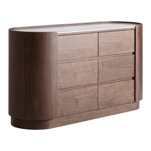 Cómoda Stuetta de estilo contemporáneo fabricado en madera contrachapada en color marrón combinado con chapa de roble y piedra sinterizada en color blanco con acabado veteado.