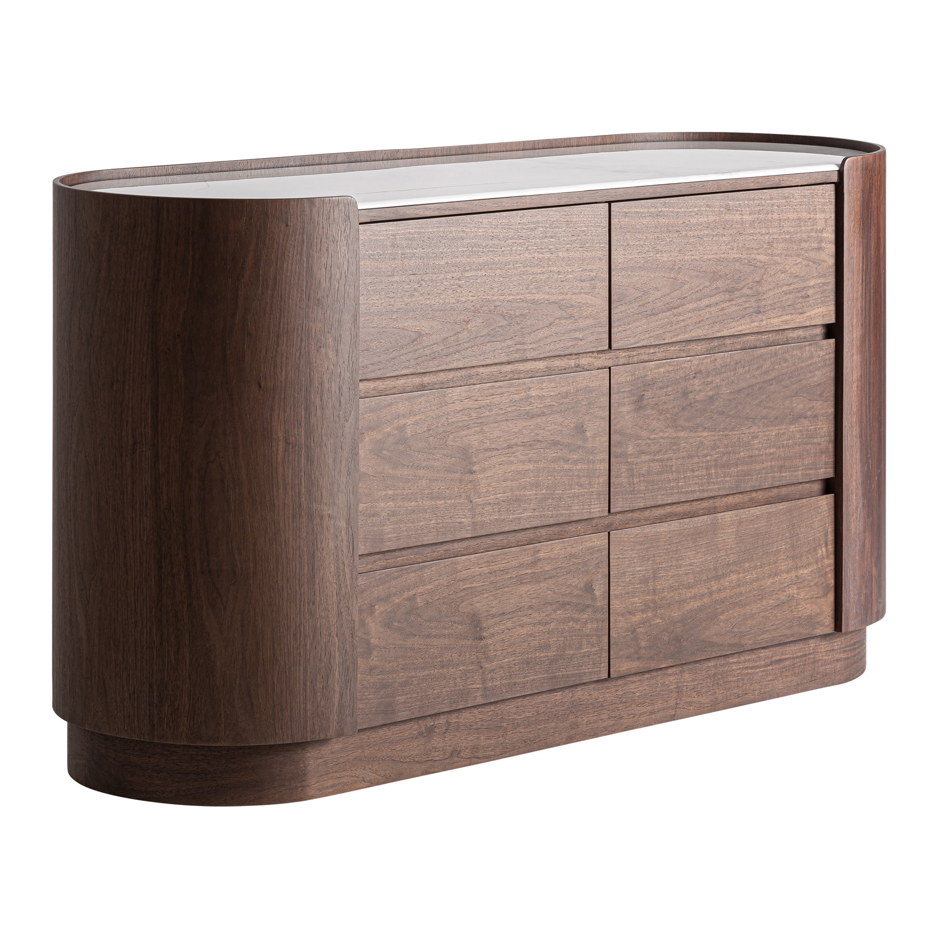 Cómoda Stuetta de estilo contemporáneo fabricado en madera contrachapada en color marrón combinado con chapa de roble y piedra sinterizada en color blanco con acabado veteado.