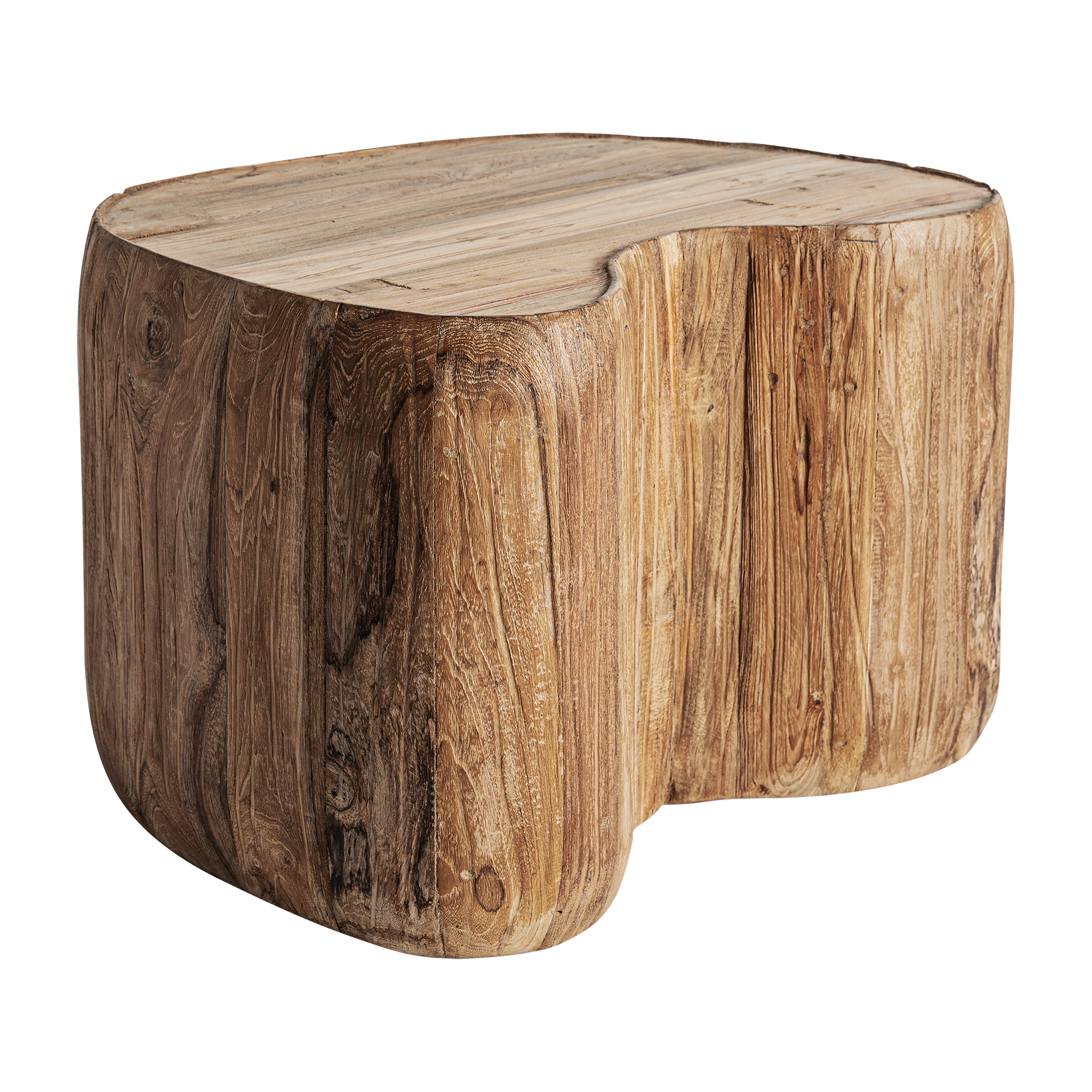 Mesa de centro Erloy de estilo rústico fabricado en madera de teka reciclada en color marrón claro con acabado envejecido.