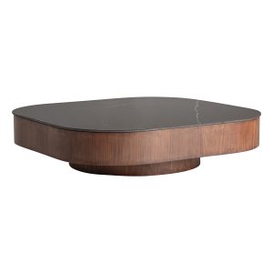 Mesa de centro Neufs de estilo contemporáneo fabricado en mármol sintético en color negro combinado con madera contrachapada en color marrón y chapa de nogal.