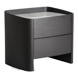 Mesita de noche Haesa de estilo contemporáneo fabricado en madera contrachapada en color negro combinado con chapa de roble en color negro y piedra sinterizada en color negro.