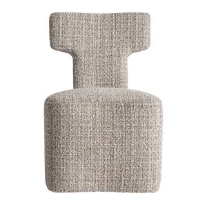 Silla Laires de estilo contemporáneo fabricado en poliéster en color tonos neutros con acabado chenilla combinado con madera de pino y espuma.