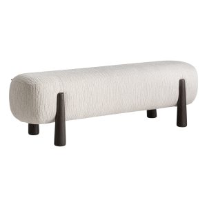 Reposapiés Davos de estilo contemporáneo fabricado en poliéster en color blanco con acabado chenilla combinado con madera de pino en color marrón y espuma. Producto desmontable.