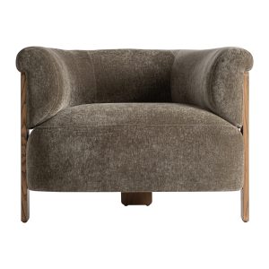 Sillón Auronzo de estilo contemporáneo fabricado en poliéster en color verde con acabado chenilla combinado con madera de pino en color marrón claro y espuma.