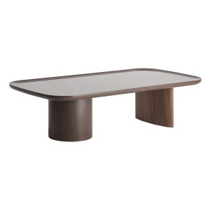 Mesa de centro Kuftein de estilo contemporáneo fabricado en madera dm en color chocolate con acabado brillo combinado con chapa de madera en color marrón. Producto desmontable.
