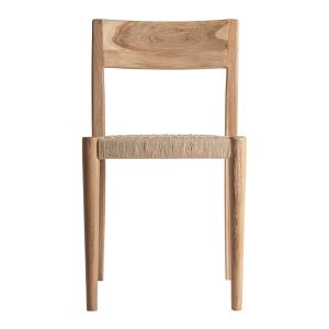 Silla Caen de estilo contemporáneo fabricado en madera de teka en color marrón combinado con fibra natural en color marrón claro. Producto apilable.